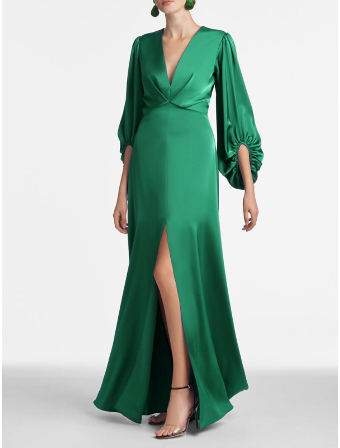 Green Satin Formal A-Line Long Sleeve Evening Gown Black Party Dress High Split Fall wedding guest Dress Floor Length V Neck with Ruched Slit